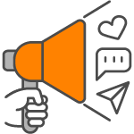 Icon representing sharing news with a megaphone, heart, chat, and send icons. 