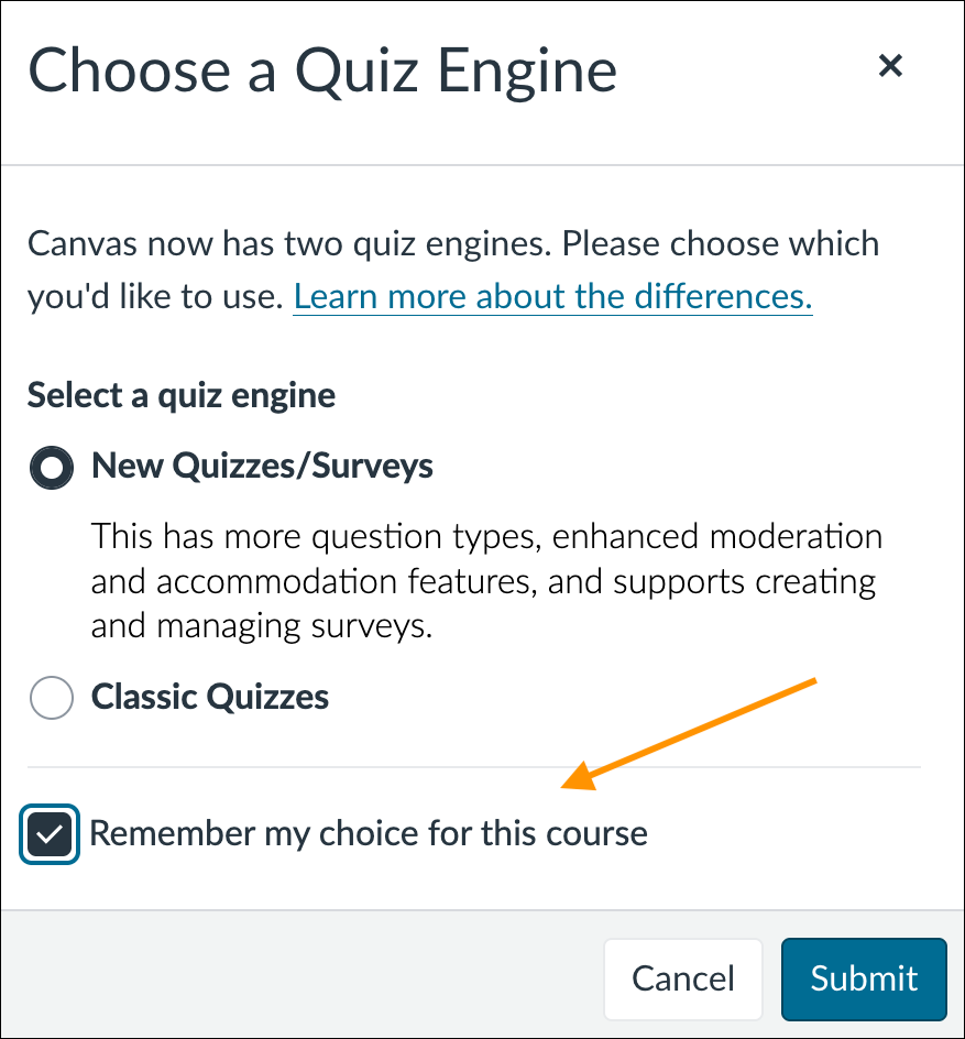 Screenshot of Choose a Quiz Engine pop-up in Canvas