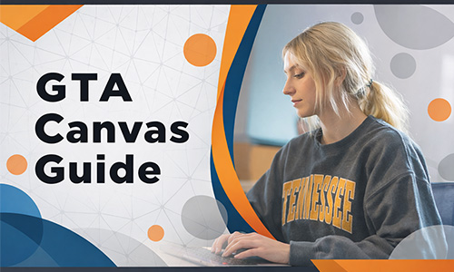 GTA Canvas Guide Student in UT shirt with laptop.