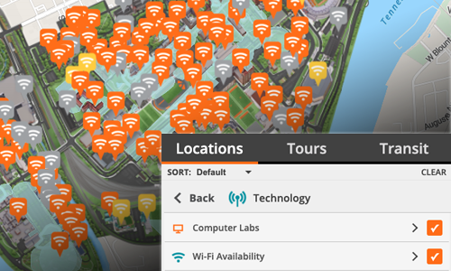 Campus Map with Wi-Fi markers, Locations, Campus Labs and Wi-Fi availability check boxes.
