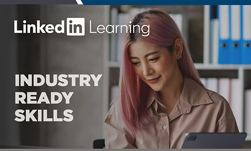 Linkedin learning logo, industry-ready skills.
