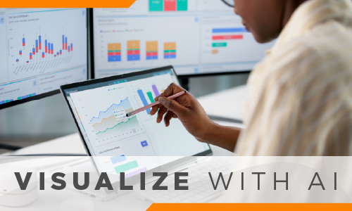 Visualize with AI; a person using a stylus to interact with data and charts on a digital screen