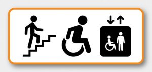 Button that includes 3 icons, person walking steps, wheel chair, elevator