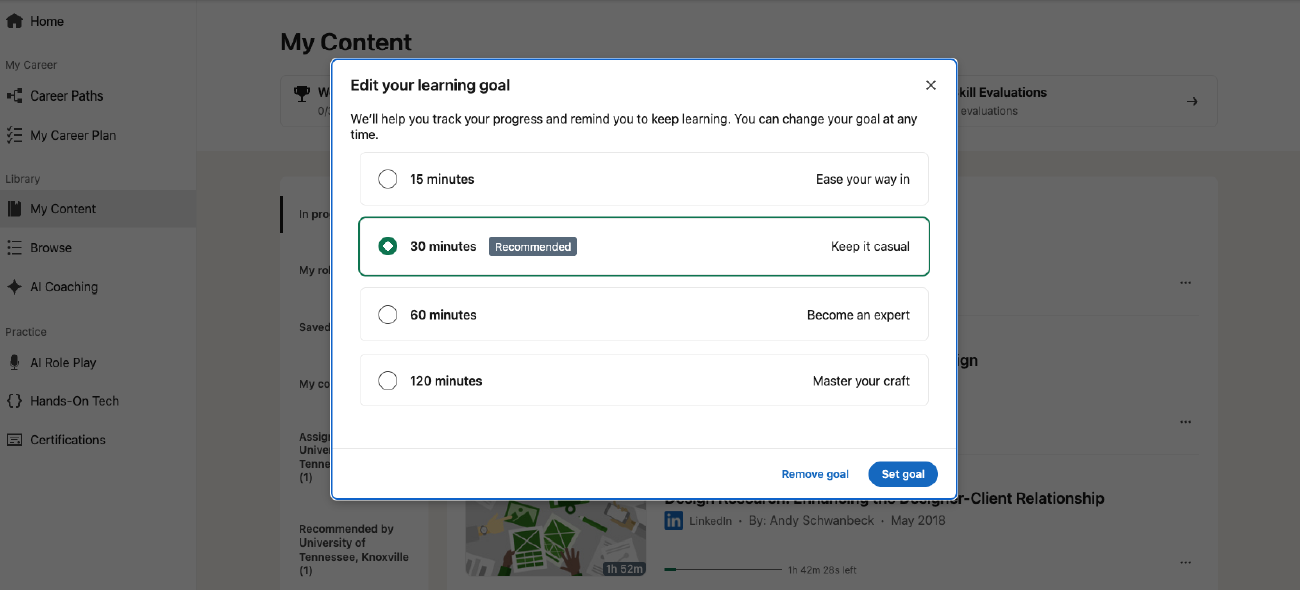 Example of editing goal time in LinkedIn Learn interface