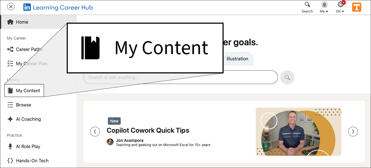 Visual blow up diagram to help show where My Content link is located in the LinkedIn Learn interface