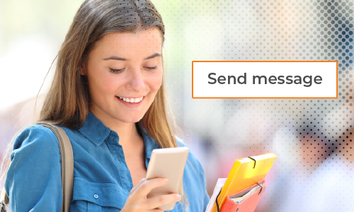 Girl looking at phone with Send Message button next to her.