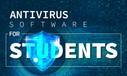 text saying Antivirus software for students with shied and code in the background