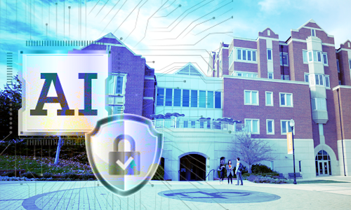 AI, shield with lock, academic building from the UTK campus