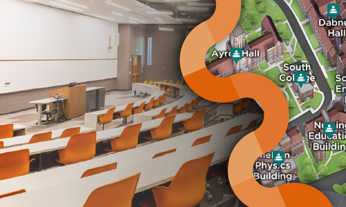 Image of a classroom and a campus map