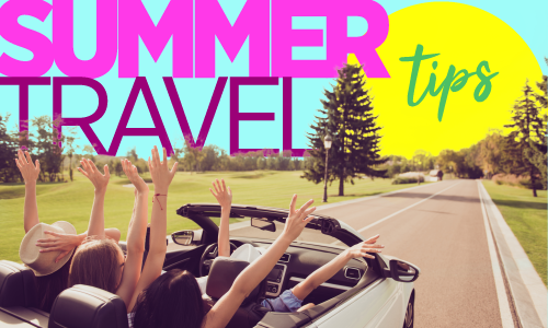 Summer Travel. Happy people in a convertible car with their arms in the air.