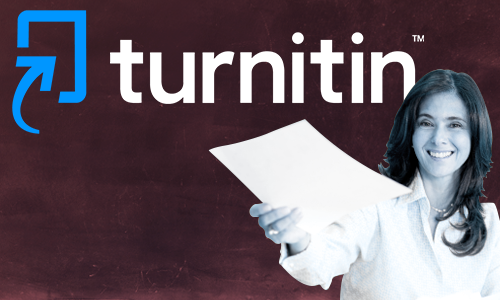 Turnitin logo and a person offering up a paper