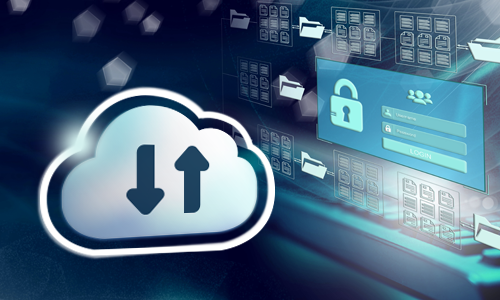 Image of a computer screen with documents, a paddle lock and a cloud with up and down arrows.