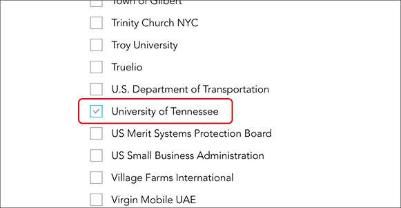 Screenshot highlighting University of Tennessee on a list of other organizations