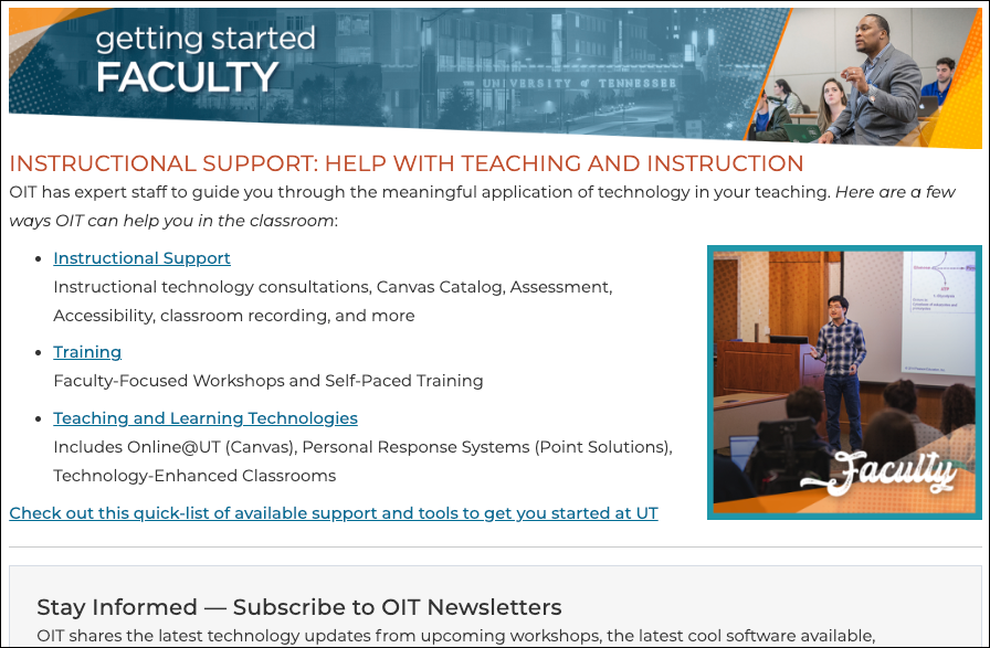 Screen Capture of the Getting Started for Faculty & Staff, Welcome to the University of Tennessee, Knoxville! Includes: Getting Connected, Zoom Resources, and OIT services. Images include people teaching and speaking.