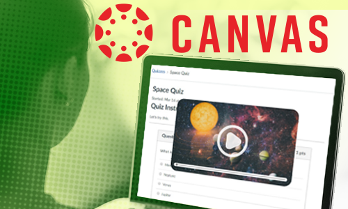 Canvas logo and a laptop displaying a Canvas course with a video playing