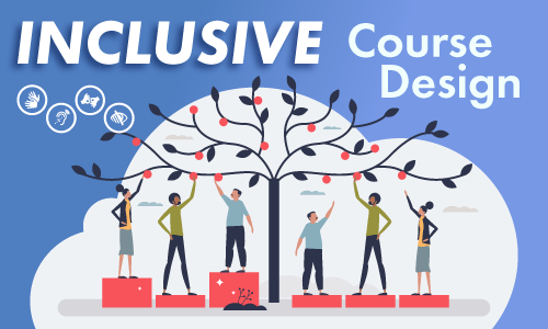 Inclusive Course Design, image of various sized people standing on boxes and reaching for limbs on a tree.