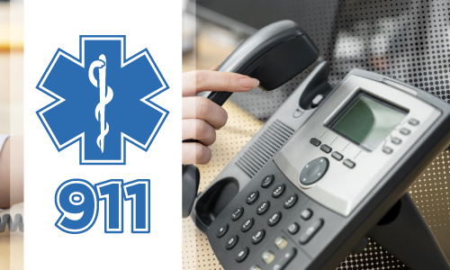 911, caduceus and image of someone dialing a phone.