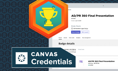 Canvas Credentials, image depicts a gold trophy and a Canvas screen showing Badge details.