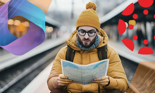 Image: man in warm hat and coat holding a map with the Canvas and Microsoft logos on each side of his head