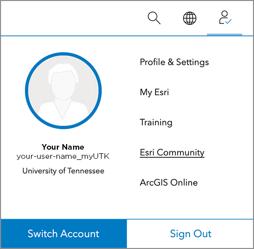 Esri user profile screen capture. Show your name, user name, and the Training link