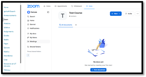 Zoom course settings highlighting "Docs" tab 