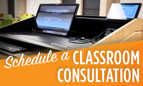 Schedule a Classroom Consultation, Technology displayed on the podium including keyboard, monitor, and Cynap system