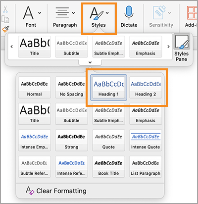 Microsoft Font Styles dialog box displaying, Styles, Heading 1, and Heading 2