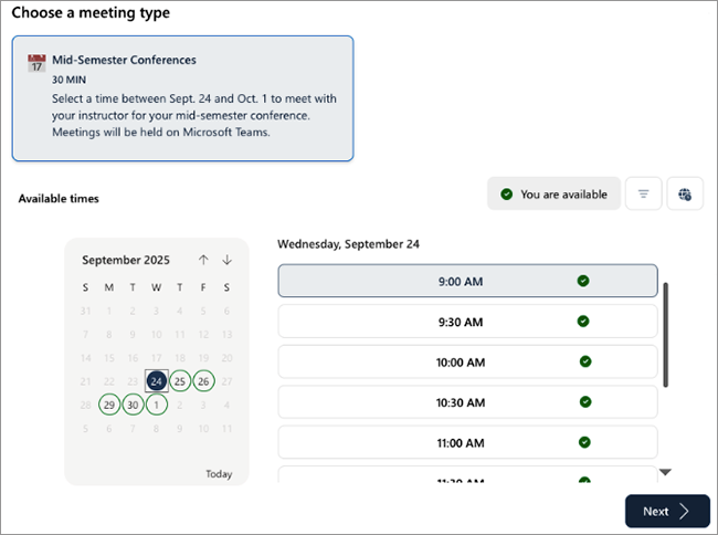 Screen capture. Choose a meeting type, example meeting agenda, available dates circled in green, and times indicated with a green check mark. 