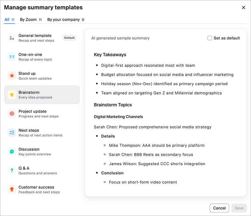 Screenshot of the Manage Summary Template; Template types include General, One-on-one, Stand up, and Brainstorm.