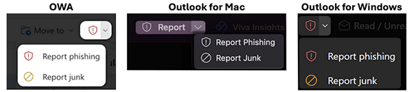 From your Outlook application (OWA, Outlook for Mac, or Outlook for Windows), select the badge icon that contains an exclamation point, then Report phishing option from the drop down menu. 