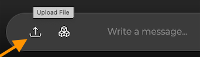 Upload file. Images shows the upload icon with an orange arrow next to the "write a message" text entry dialog box. 
