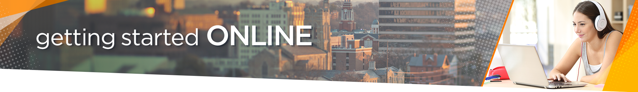 Smiling female student with over-ear headphones types on laptop