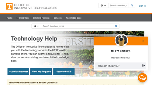 Screen capture of the OIT Technology Help webpage with the Smokey Chat bot.