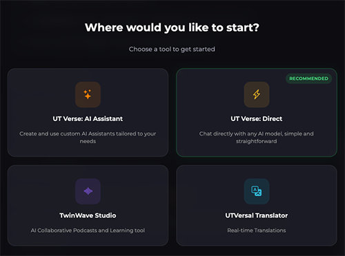 UTVerse opening screen, select between four optional functions: AI Assistant, Direct, TwinWave Studio, and UTVerse Translator