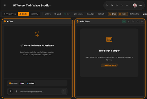 TwinWave Studio provides side-by-side windows, the Twin Wave AI Assistant, and a script editing window.