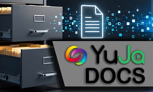 YUJA logo, docs, photographic illustration of a filing cabinet and document icon